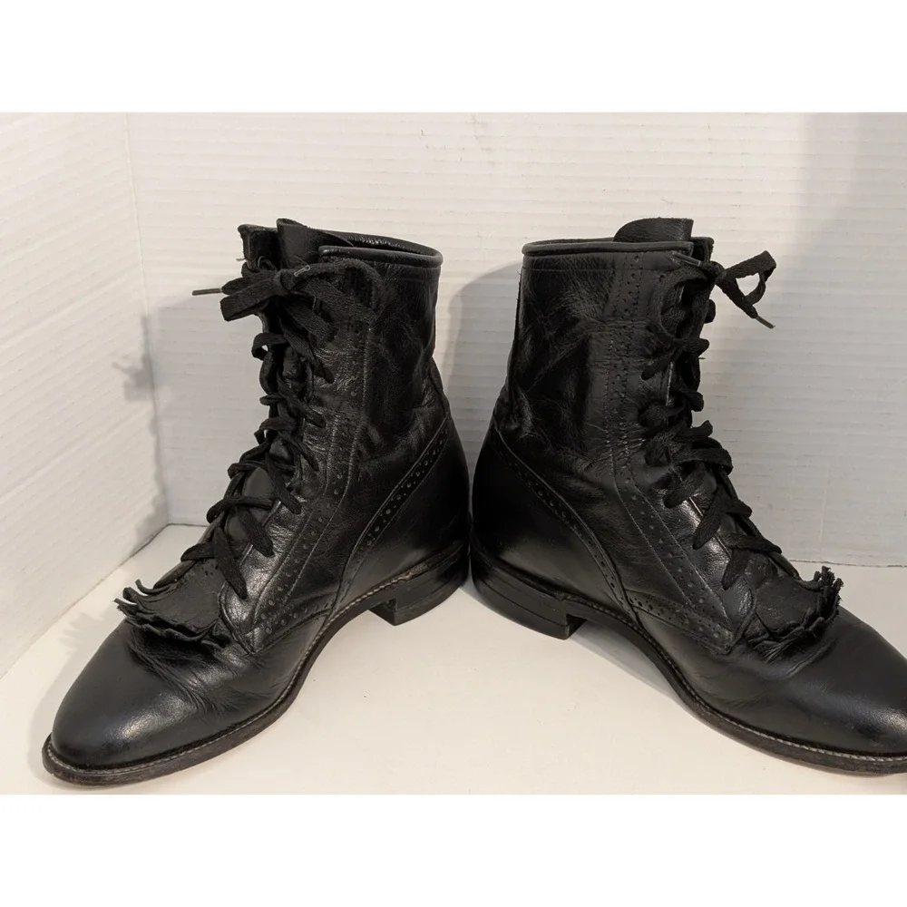 Vintage Justin Women's Black Leather Lace-Up Kiltie Roper Boots 7.5B - Picture 3 of 8